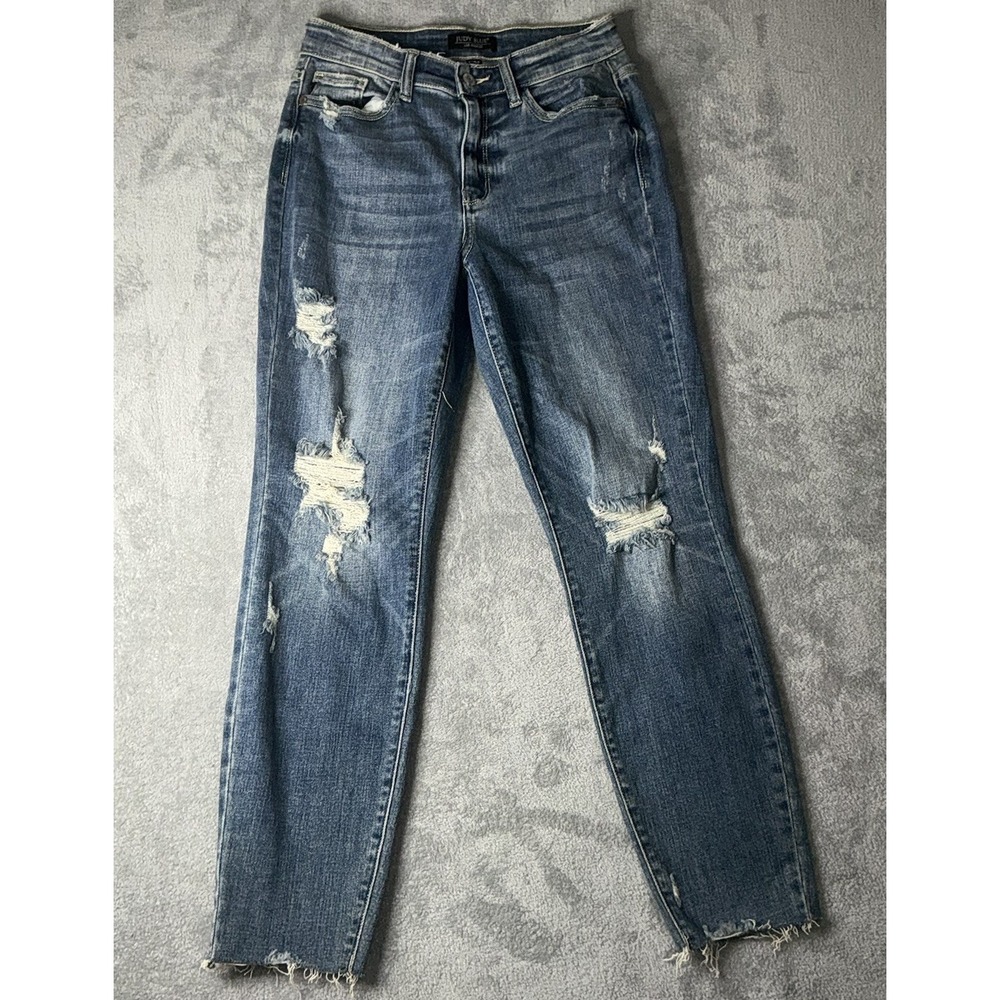 Judy Blue Relaxed Fit Jeans Womens 1/25 Blue Distressed Raw Hem JB82306MD
